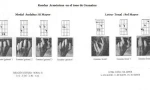 Diagramas de acordes y posiciones de dedos para la guitarra en el tono de **la granaina**, mostrando variaciones modales y tonales.