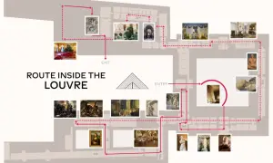 Plan des Louvre mit einer Route, die verschiedene Abteilungen und Kunstwerke wie die Mona Lisa zeigt.