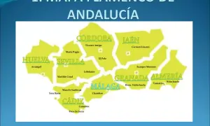 Mapa flamenco de Andalucía con palos del flamenco por provincias, mostrando artistas como Camarón en Cádiz y María Pagés en Sevilla.