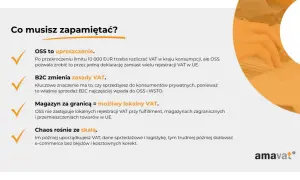 OSS upraszcza rozliczanie VAT po przekroczeniu 10 000 EUR. Kluczowe dla sprzedaży B2C. Magazyn za granicą = lokalny VAT.