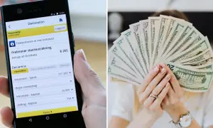 En mobiltelefon visar en pågående deklaration. Bredvid syns en person som håller upp en solfjäder av dollarsedlar, kanske för att visa att deklarationen 2026 kommer att ge en fin återbäring.