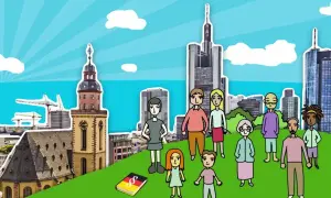 Eine bunte Gruppe von Menschen steht vor einer Skyline, ein Buch mit deutschem Recht liegt daneben. Ein Symbol für das Zusammenleben in Deutschland.