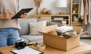 Person med surfplatta planerar ombyggnation. En kartong med textilier och keramik står redo.