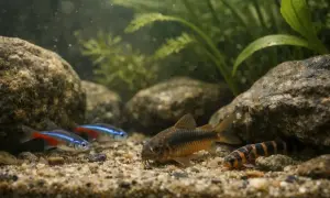 Akwarium z glonojadem, kiryskiem i neonkami na piaszczystym dnie wśród kamieni i roślin.