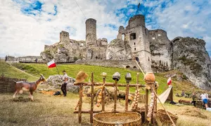 Zamek Ogrodzieniec w całej okazałości, z kozą i historycznymi rekwizytami. Trasa turystyczna zachęca do zwiedzania.