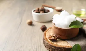 Un tazón de manteca de karité pura y cremosa, rodeado de nueces de karité y hojas verdes, sobre una superficie de madera rústica.