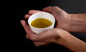 Mani che sorreggono una tazzina bianca con olio extravergine di oliva, evidenziando i suoi parametri visivi.