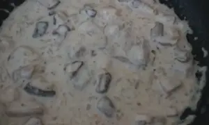 Kremowy sos z kawałkami borowików w garnku.