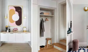 Tres entradas pequeñas con encanto: una con consola moderna y arte abstracto, otra con armario empotrado y taburete, y la tercera con escultura y puf.
