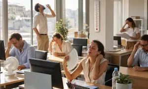 La chaleur accablante dans ce bureau rend la loi sur la température intenable. Les employés peinent, ventilateurs et éventails à la main.
