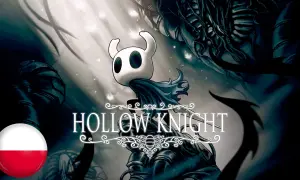 Postać z Hollow Knight na tle mrocznego świata. Obok polska flaga, sugerująca polskie spolszczenie gry.