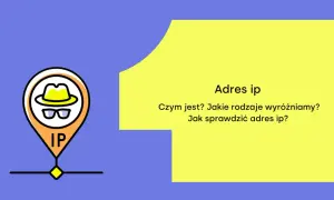 Ikona lokalizacji z napisem "IP" i pytania: "Adres ip. Czym jest? Jakie rodzaje wyróżniamy? Jak sprawdzić adres ip?".