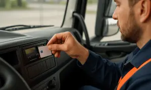 Un chauffeur insère sa carte dans le tachygraphe pour le contrôle carte conducteur 28 jours.