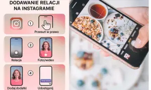 Instrukcja jak dodać link na Instastory: przesuń w prawo, wybierz Foto/wideo, dodaj dodatki, udostępnij.