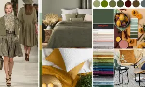 Stylizacja z wybiegu w kolorze khaki i granatu, inspiracje do wnętrz: łóżko, poduszki, krzesła i paleta barw.
