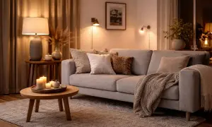 Mysig soffa med kuddar och pläd. En golvlampa bakom soffan ger ett varmt sken. Ljus och dekorationer på soffbordet.