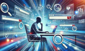 Człowiek przy laptopie, otoczony ikonami wyszukiwania i okienkami przeglądarek, symbolizuje różne rodzaje wyszukiwarek i proces poszukiwania informacji online.