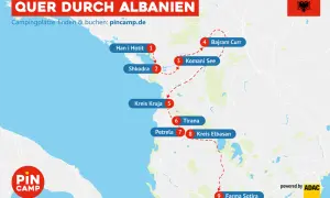 Karte zeigt eine albanien rundreise auf eigene faust mit 9 Stationen, von Han i Hotit bis Farma Sotira.