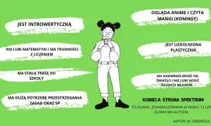 Oliwia, zdiagnozowana z autyzmem, ma labilność emocjonalną u dzieci. Jest introwertyczką, uzdolnioną plastycznie, z nadwrażliwością na światło.
