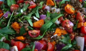 Salade colorée de lentilles vertes, tomates cerises, oignons rouges et roquette. Un plat sain et savoureux.