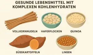 Gesunde Lebensmittel mit komplexen Kohlenhydraten: Vollkornnudeln, Haferflocken, Quinoa, Süßkartoffeln und Linsen. Sie liefern langanhaltende Energie.