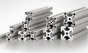 Una serie di profili in alluminio con sezione a croce, ideali per creare strutture portanti resistenti e versatili.