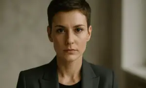 Portret osoby o androgenicznym wyglądzie, w ciemnej marynarce, z krótkimi włosami i przenikliwym spojrzeniem.