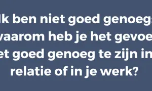 Tekst: "Ik ben niet goed genoeg: waarom heb je het gevoel niet goed genoeg te zijn in je relatie of in je werk?" Dit gaat over lage eigenwaarde in relatie en werk.