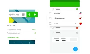 Dwa ekrany aplikacji do zarządzania listami zakupów i budżetem domowym.