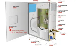 Schemat klatki faradaya z widocznym wnętrzem, płytkami drukowanymi, filtrami i uszczelkami EMI.
