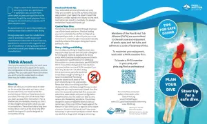 A swimmer in a red suit performs a dive, splashing water. Tips for safe diving are provided.