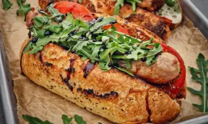 Ein knuspriges Baguette mit einer herzhaften salsiccia italiana, frischen Tomaten und Rucola, beträufelt mit Balsamico.