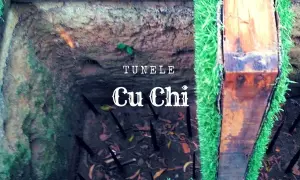 Wejście do tuneli Cu Chi, z ostrymi zaostrzonymi palami w dole. Sztuczna trawa otacza drewniane wsparcie.