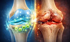 Gesundes Kniegelenk trifft auf stark geschädigtes. Visualisierung von Chondropathie Grad 4 Therapie mit heilenden Elementen.