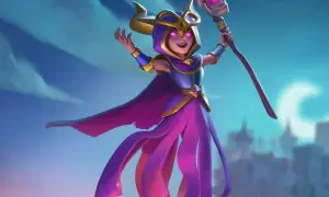 Uśmiechnięta czarodziejka z różdżką, jedna z wielu barwnych clash royale postacie, unosi ręce na tle nieba i miasta.
