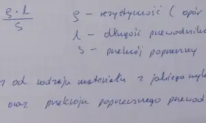 Ręcznie napisany wzór na opór elektryczny R = ρ·l/S z definicjami symboli.