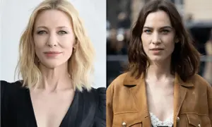Cate Blanchett z blond włosami cieniowanymi warstwowo i Alexa Chung w brązowej kurtce, z ciemnymi włosami.