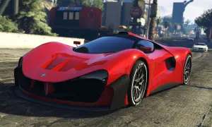 Czerwony supersamochód na drodze w GTA V.
