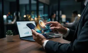 Mann mit Smartphone und Laptop, der die **Immobilien Digitalisierung** mit interaktiven Grafiken und Suchfunktionen vorantreibt.