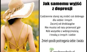 Kobieta w słomkowym kapeluszu na tle słoneczników. Tekst podpowiada, jak samemu wyjść z depresji: zacznij od drobiazgów, rób wszystko z wdzięcznością.