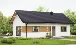Nowoczesny dom 70m2 pod klucz, z drewnianymi elementami i dużymi oknami. Idealny dla rodziny, koszt budowy przystępny.