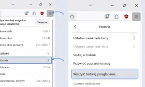 Menu przeglądarki pokazuje, jak wyczyścić pamięć podręczną, wybierając "Historia", a następnie "Wyczyść historię przeglądania...".