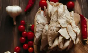 Boczniaki w ciąży, otoczone pomidorkami koktajlowymi, czosnkiem i papryczkami chili, gotowe na kulinarną podróż.