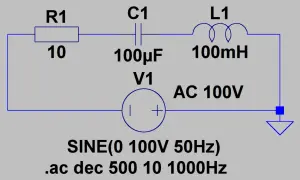 RLC-Schaltkreis mit 10 Ohm, 100µF, 100mH und AC-Quelle. Simulation der thomsonsche schwingungsgleichung.