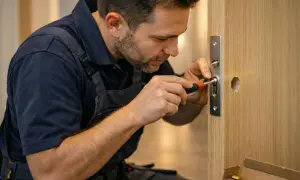 Un serrurier concentré utilise un tournevis pour changer la serrure d'une porte en bois.