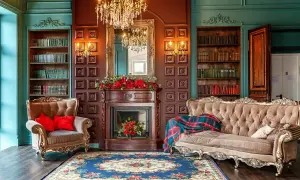 Elegancki salon w stylu wiktoriańskim: kominek, kanapa, fotel, regały z książkami i kryształowy żyrandol tworzą przytulną atmosferę.