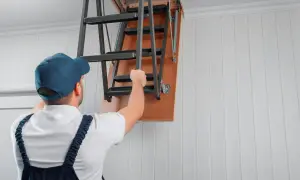 Mężczyzna w czapce i ogrodniczkach składa metalowe schody strychowe.