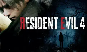 Leon Kennedy w mrocznym lesie. Obok tytuł gry Resident Evil 4, który może być częścią poradnika.