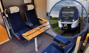 Wygodne siedzenia w pociągu, idealne na podróż z Lublina do Opola. Zbliżenie na nowoczesny skład kolejowy.