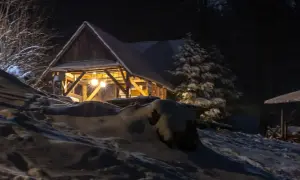 Zimowa noc. Oświetlona chata pod potrójną, otoczona śniegiem i drzewami.